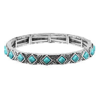 Western Style Semi Precious Turquoise Howlite Stone Unique Stretch Bracelet, 7" (Diamond Pattern)