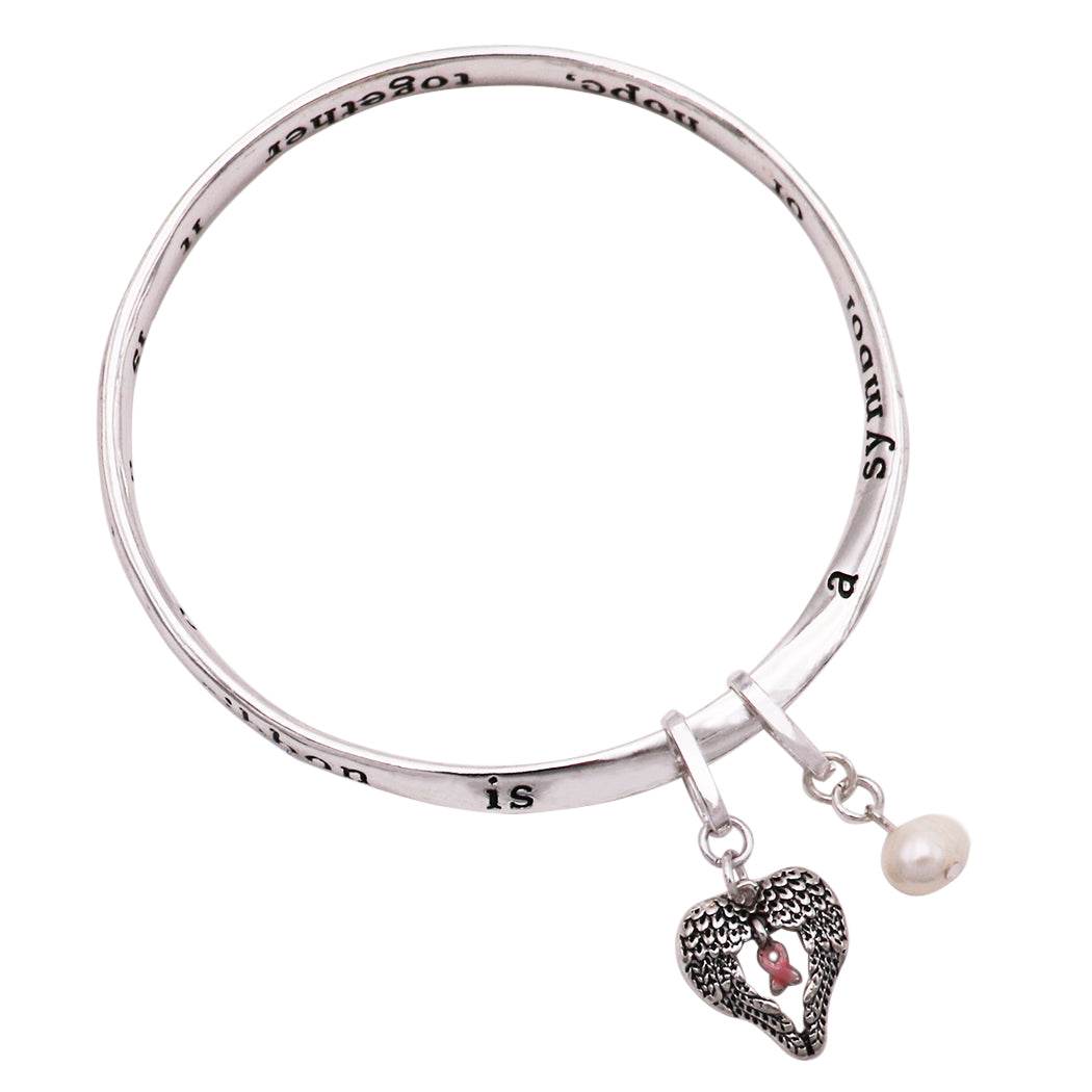 Silver BREAST CANCER AWARENESS Pink Ribbon HEARTS Stretch Stackable  Bracelet