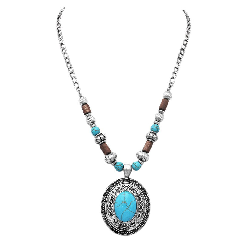 Cowgirl Chic Western Style Wooden Bead Turquoise Howlite Concho Pendant Necklace, 20"+3" Extender