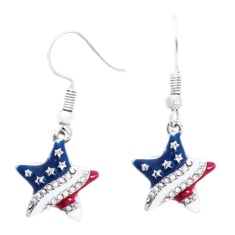 USA Flag Red White and Blue Star Rhinestone Dangle Earrings