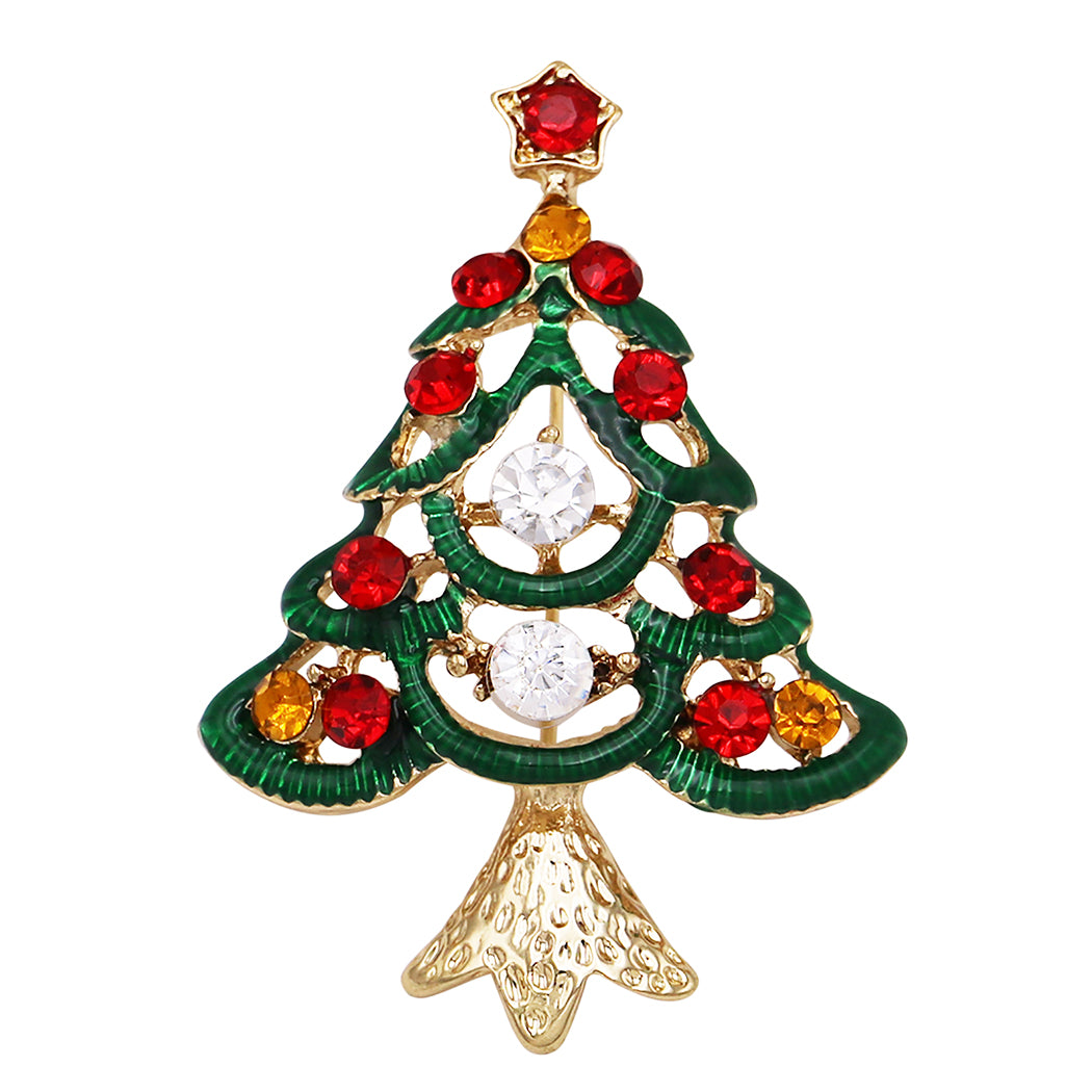 Traditional Sparkling Rhinestone Christmas Tree Holiday Rhinestone Brooch  Pin