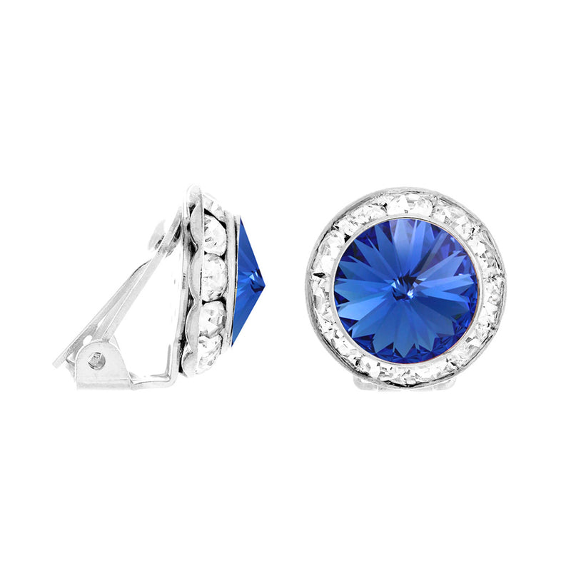 Timeless Classic Statement Clip On Earrings Made with Swarovski Crystals, 15mm-20mm (15mm, Sapphire Blue Silver Tone)