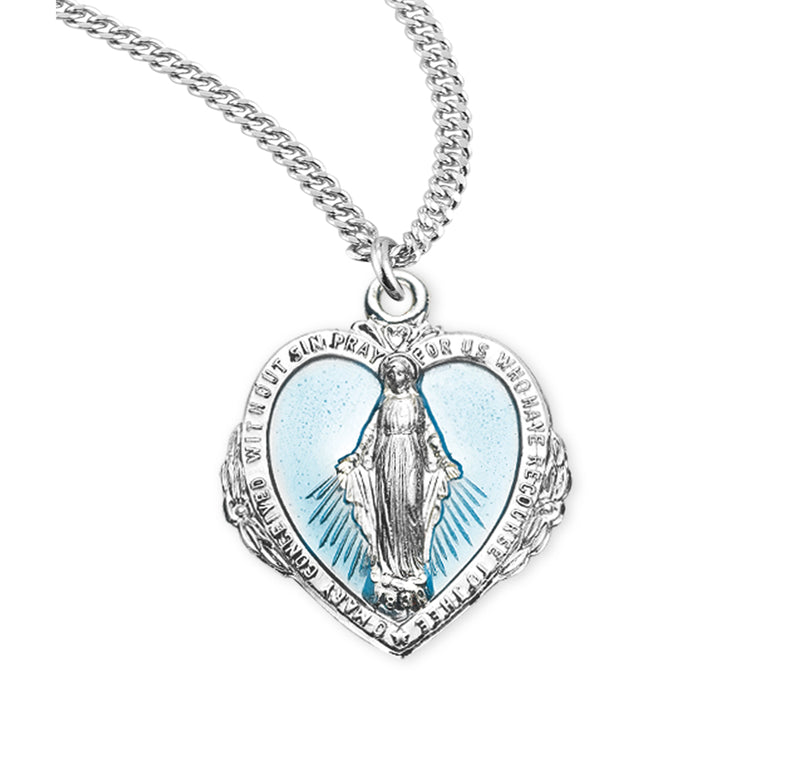 Sterling Silver Blue Enameled Heart Shape Miraculous Medal of Mary Pendant Necklace, 20"