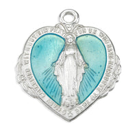 Sterling Silver Blue Enameled Heart Shape Miraculous Medal of Mary Pendant Necklace, 20"