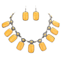 Western Style Natural Howlite Statement Necklace Earrings Set, 16"+3" Extension (Rectangular Howlite Stone, Mustard Yellow In Burnished Silver Tone)