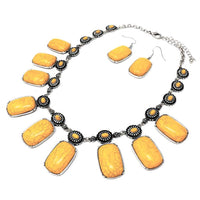 Western Style Natural Howlite Statement Necklace Earrings Set, 16"+3" Extension (Rectangular Howlite Stone, Mustard Yellow In Burnished Silver Tone)