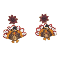 Gobalicious Decorative Seed Bead Thanksgiving Turkey And Cranberry Flower Earrings, 3"