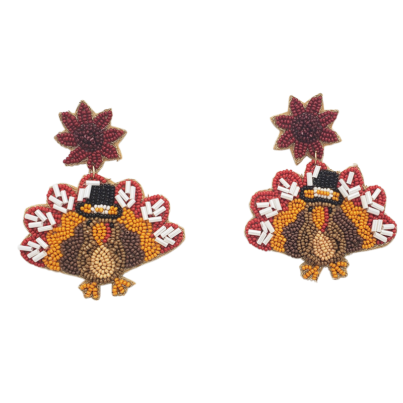 Gobalicious Decorative Seed Bead Thanksgiving Turkey And Cranberry Flower Earrings, 3"