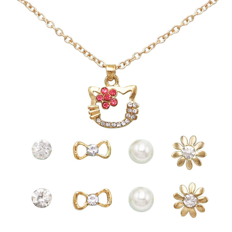 Girl's Crystal Rhinestone Kitty Cat Necklace and 4 Pairs Earrings Jewelry Set (Pink/Gold Tone)